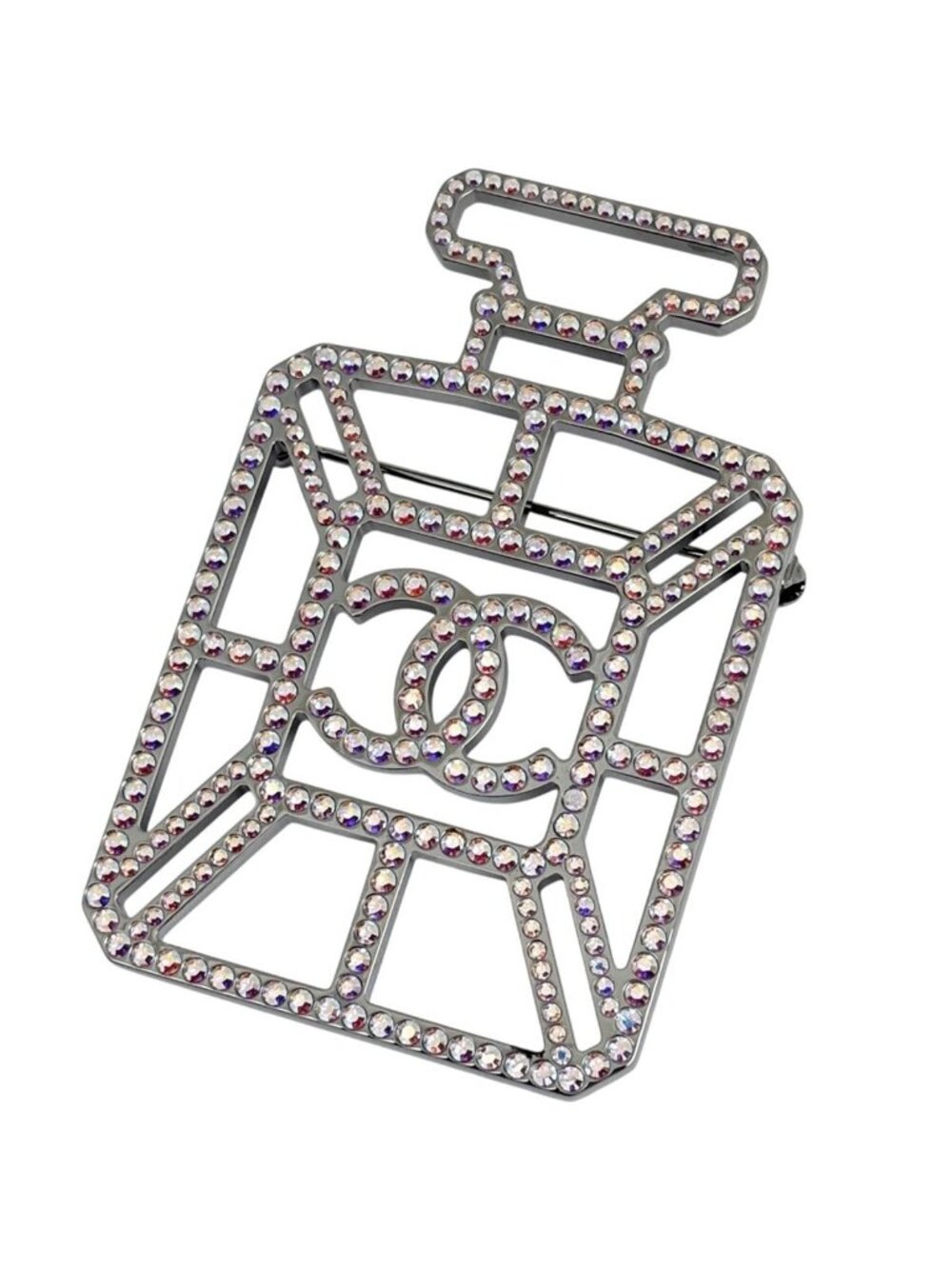 Chanel CC Logo Rhinestone Brooch Perfume Bottle Motif Silver Plated